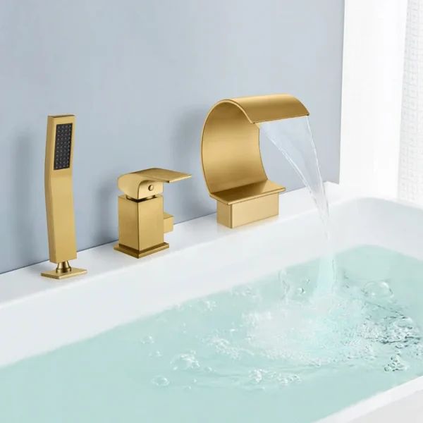 d69f9973b4e8994a8aaf48130ca5fb4d Luxury Brushed Gold Deck-Mounted Waterfall Bathtub Faucet with Hand Shower