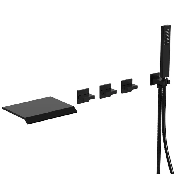 Matte Black Wall-Mounted Waterfall Bathtub Faucet with Handheld Shower – Modern Tub Filler Set