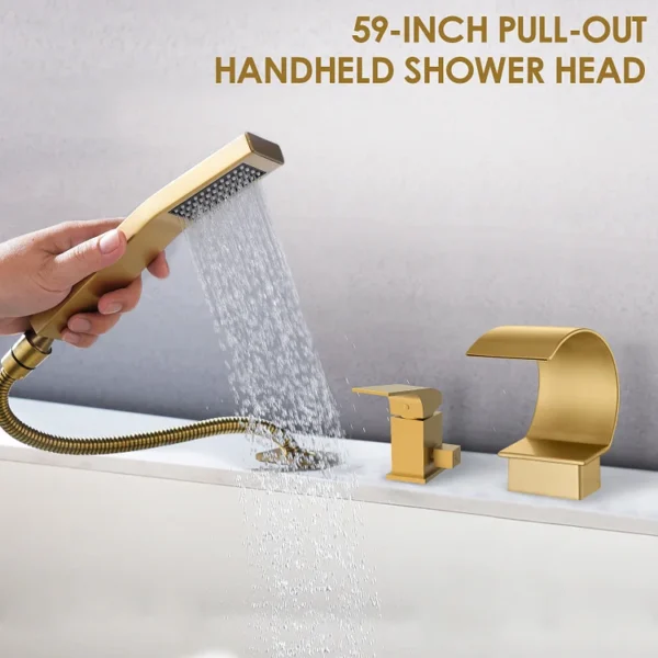 fd11eca3963728eb200096c2ecbf82de Luxury Brushed Gold Deck-Mounted Waterfall Bathtub Faucet with Hand Shower