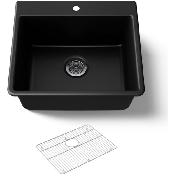 Matte Black Workstation Single Bowl Kitchen Sink with Bottom Grid